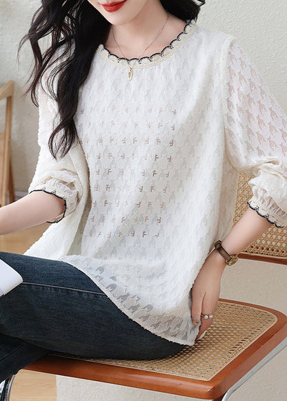 Modern White O-neck Jacquard Lace Top Fall