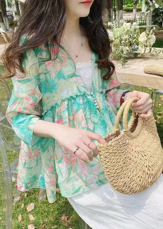 Green V Neck Print Linen Shirt Bracelet Sleeve