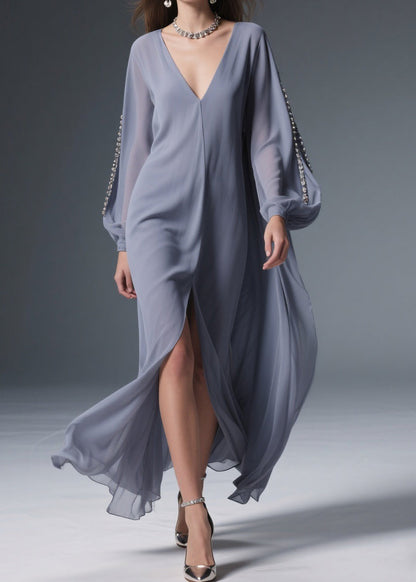 Grey Front Open Chiffon Long Dresses V Neck Spring