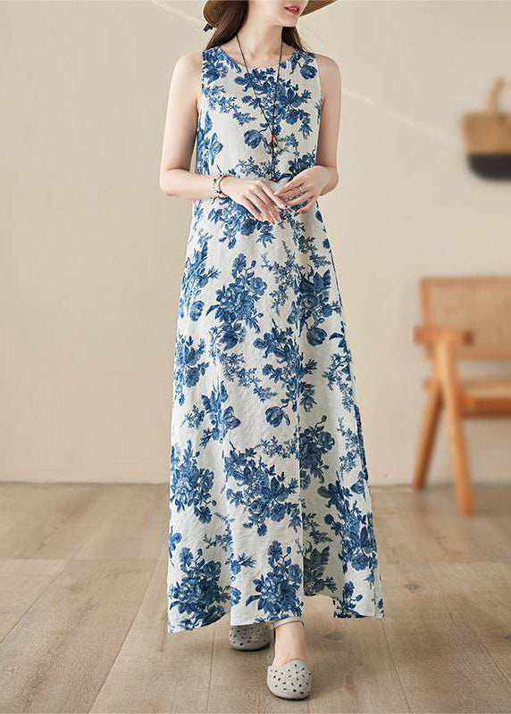Blue O-neck Print Long Dress Summer