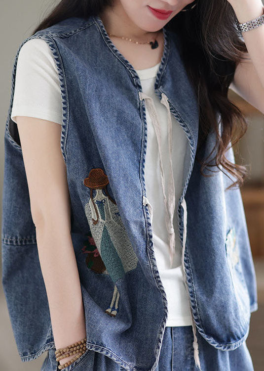 Organic Blue Embroideried O-neck Pocket Lace Up Cotton Vest Tops Sleeveless