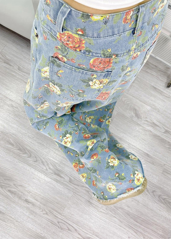 Light Blue Flower Print Denim a Line Skirts Fall