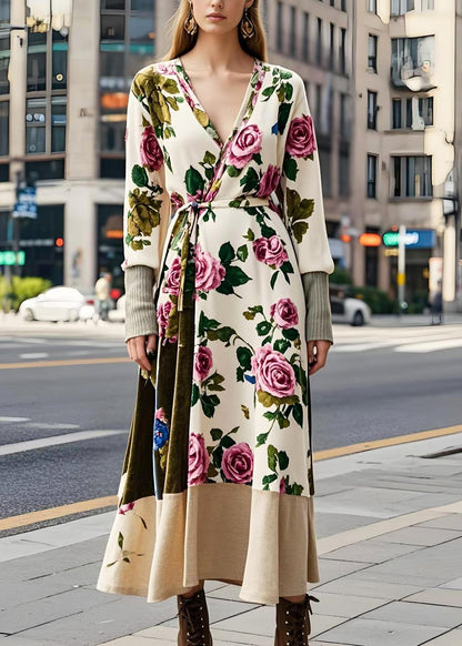 Apricot Tie Waist Silk Velour Long Dresses Spring