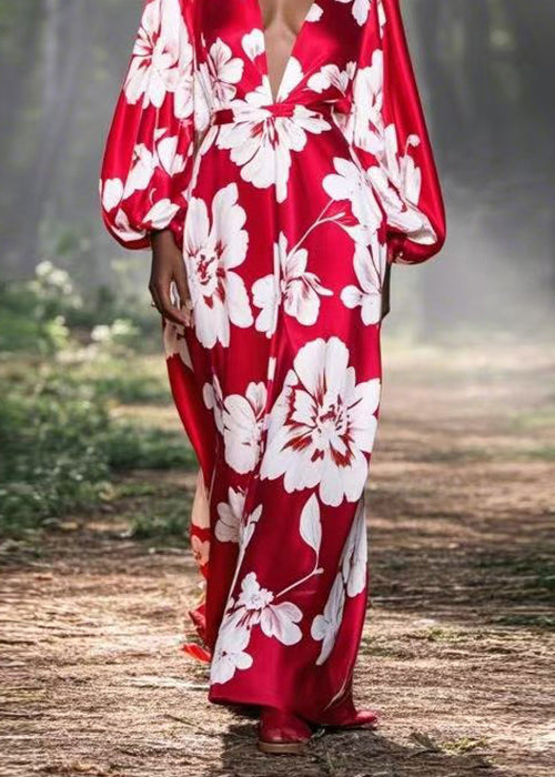 Red V Neck Print Silk Ankle Dress Spring