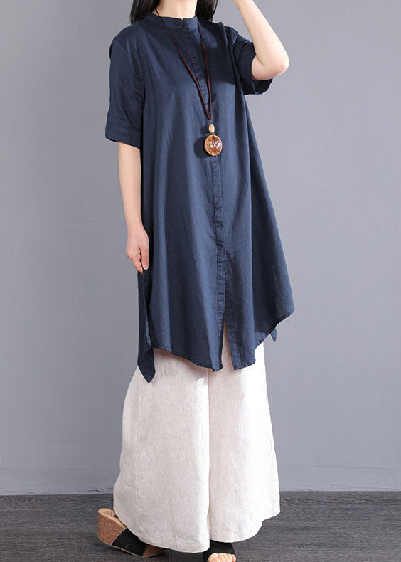 Diy Navy Stand Collar Asymmetrical Design Button Cotton Long Shirt Short Sleeve
