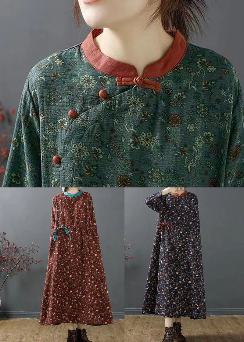 Green Stand Collar Print Patchwork Cotton Dress Fall