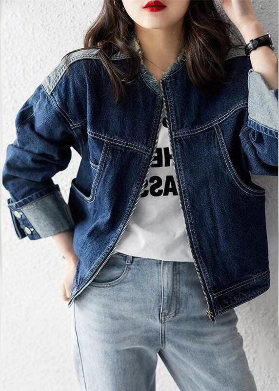 Denim Blue O-neck Zippered Patchwork Coat Long Sleeve