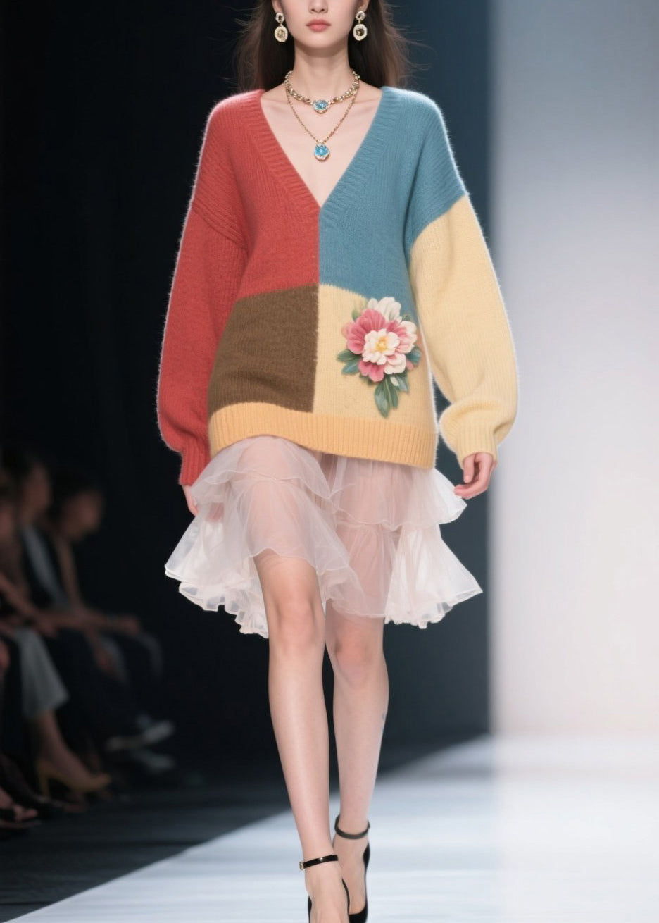 Colorblock V Neck Knit Sweater Dress Fall