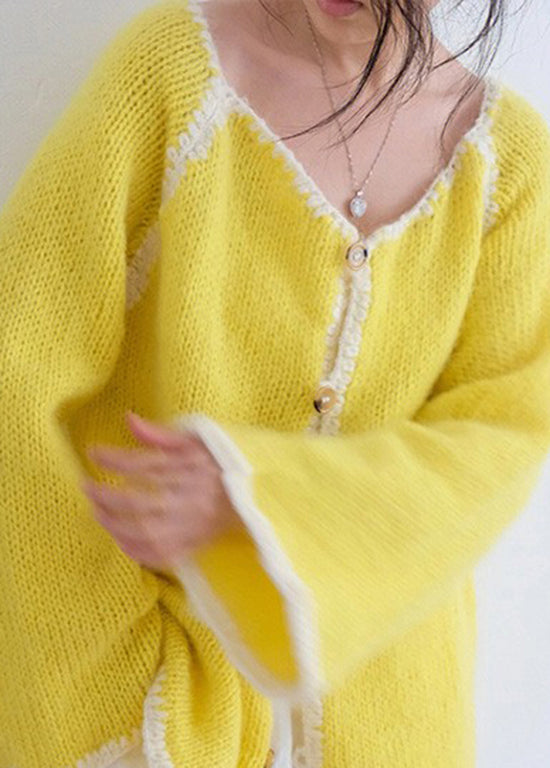Yellow O Neck Button Knit Cardigans Fall