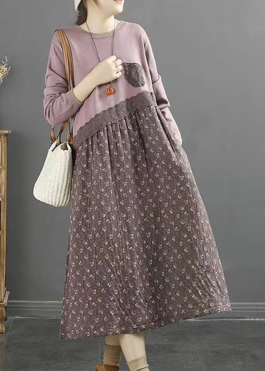 Purple Print Patchwork Cotton Dresses O Neck Lace Fall