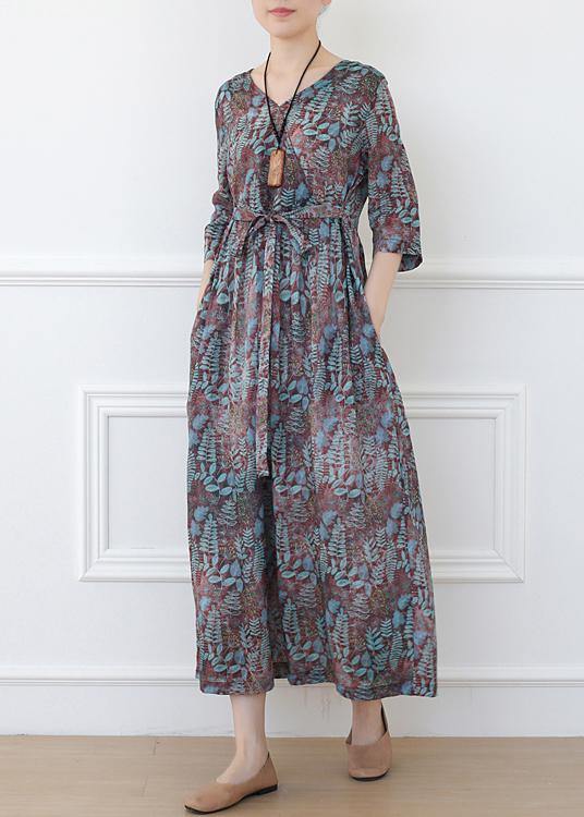 Print Linen Dress V Neck Half Sleeve Spring Dress