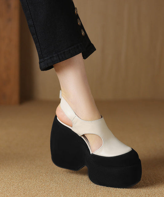 Splicing Platform Sandals White Cowhide Leather Hollow Out