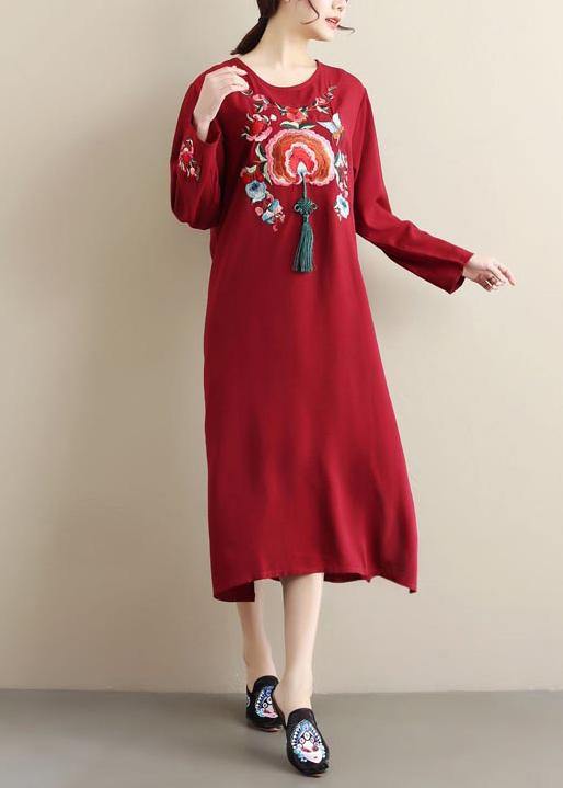 Unique Burgundy Embroidery Tunic Pattern O Neck Tassel Spring Dress