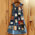 Comstylish Vintage Cute Cat Patchwork Denim Print Vest Dress
