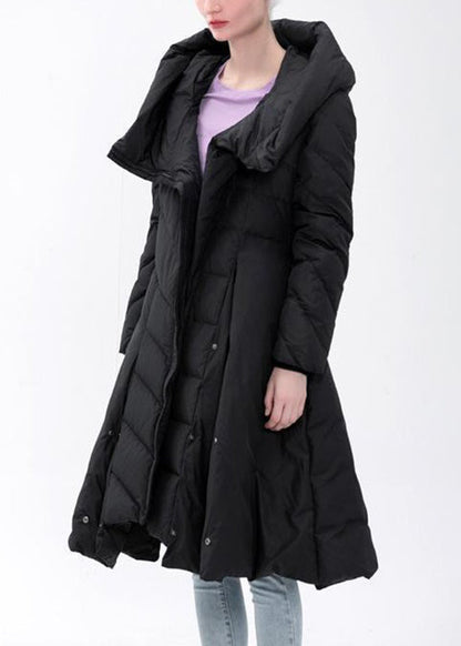 Black Hooded Asymmetrical Button Duck Down Coat Winter