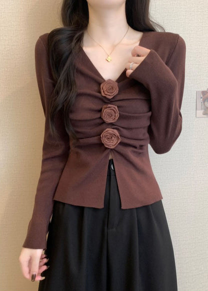 Brown Knit Pullover Side Open Spring