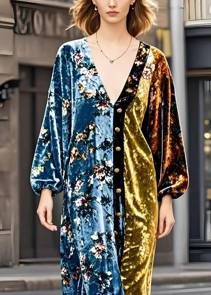 Colorblock V Neck Patchwork Golden Button Silk Velour Dresses Spring