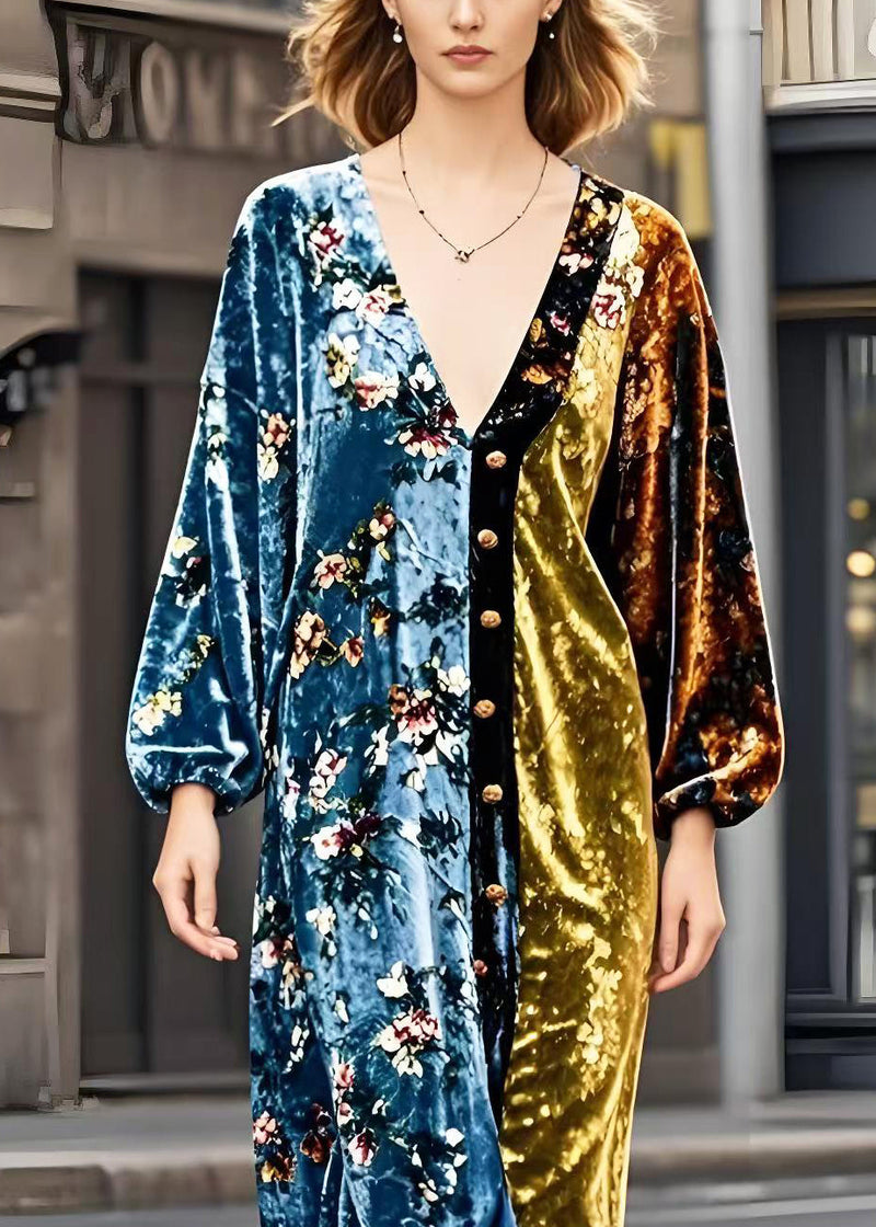 Colorblock V Neck Patchwork Golden Button Silk Velour Dresses Spring