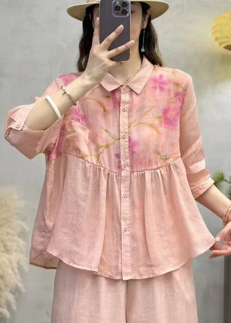 Pink Print Patchwork Linen Shirt Top Half Sleeve