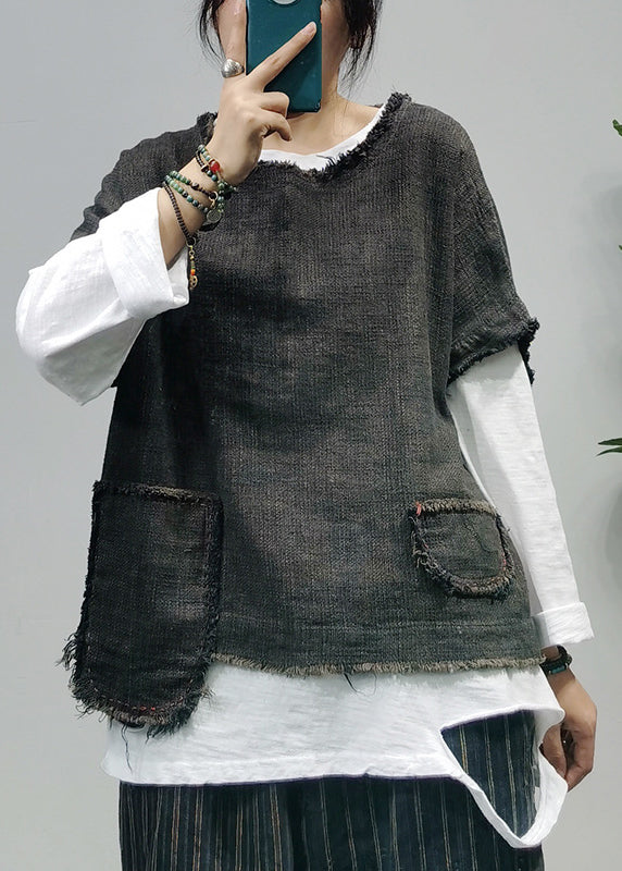 Black O-neck Asymmetrical Pocket Linen Tank Tops Short Sleeve