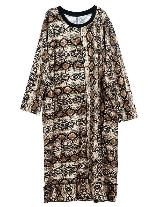 Art Leopard O-neck Cotton Long Sleeve Spring Long Dress