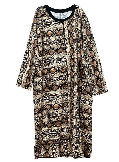 Art Leopard O-neck Cotton Long Sleeve Spring Long Dress