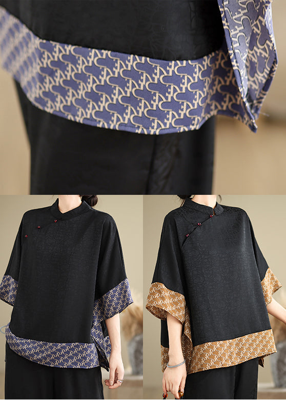 Blue Oversized Patchwork Silk Shirts Summer