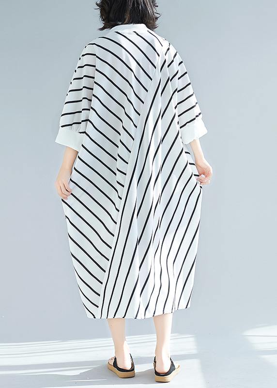 100% White Striped Tunic Dress Asymmetric Spring Dress