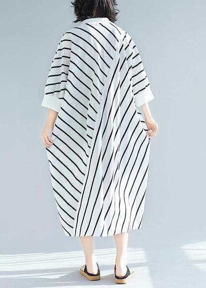 100% White Striped Tunic Dress Asymmetric Spring Dress