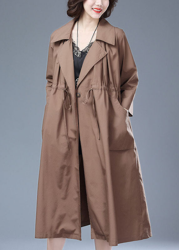 Khaki Pockets Drawstring Patchwork Cotton Long Trench Coat Bracelet Sleeve