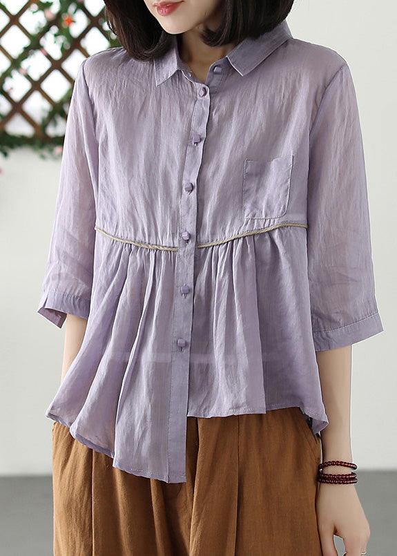 Purple Peter Pan Collar Asymmetrical Patchwork Button Ramie Shirts Half Sleeve