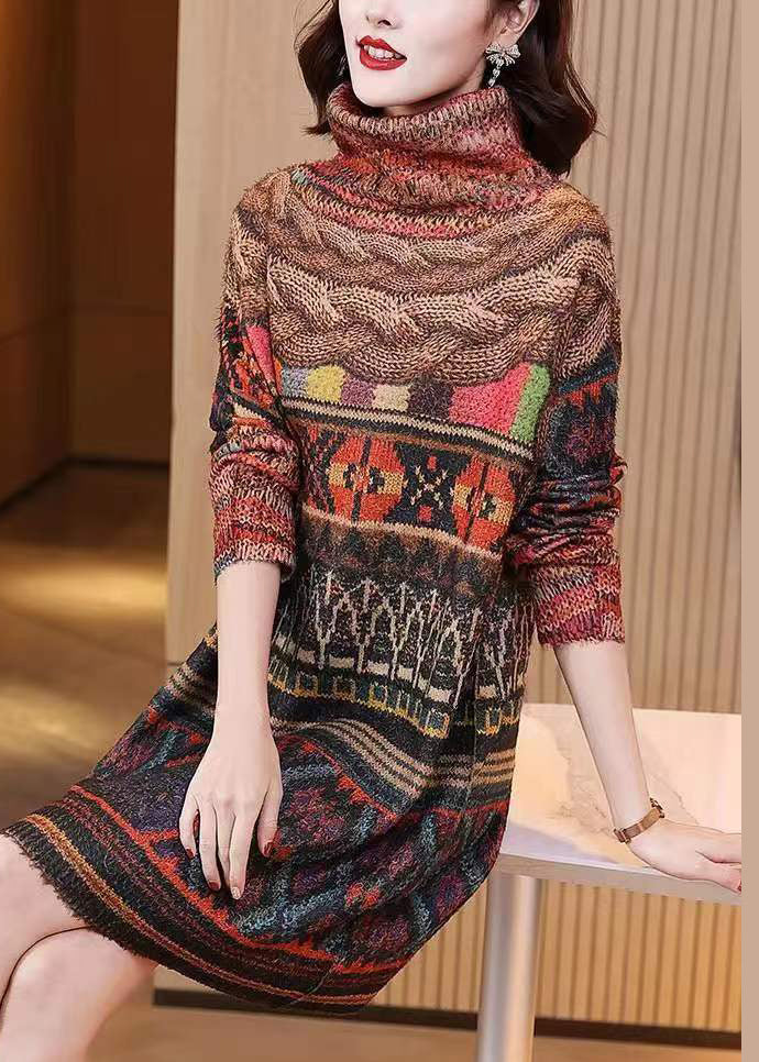 Colorblock Turtleneck Print Mink Hair Knitted Dress Fall