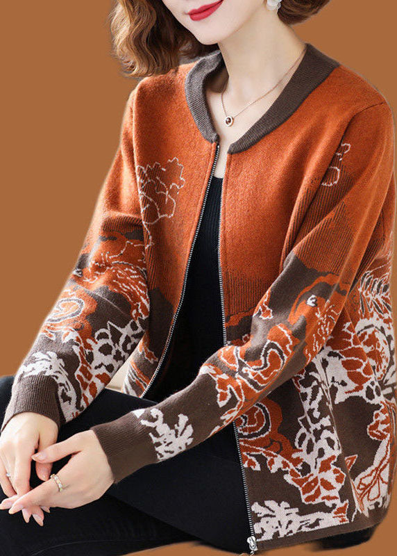 Orange Jacquard Knit Coat Outwear O-neck Zip Up Long Sleeve