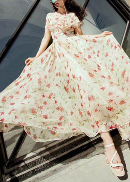 Pink V Neck Print Chiffon Exra Large Hem Dress Summer