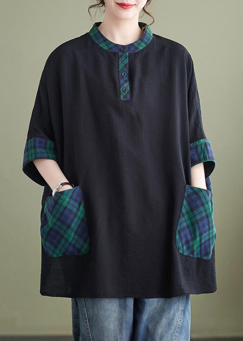 Plaid Button Pockets Patchwork Cotton Tops Batwing Sleeve