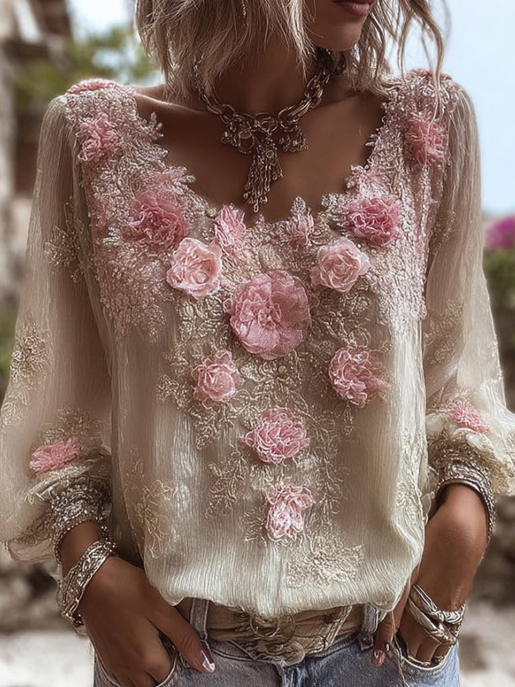 Comstylish Bohemian Heavy-duty Embroidery Vintage Casual Round-neck Top