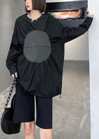 Boutique Black O-neck Patchwork Button Fall Long Sleeve Blouse Top