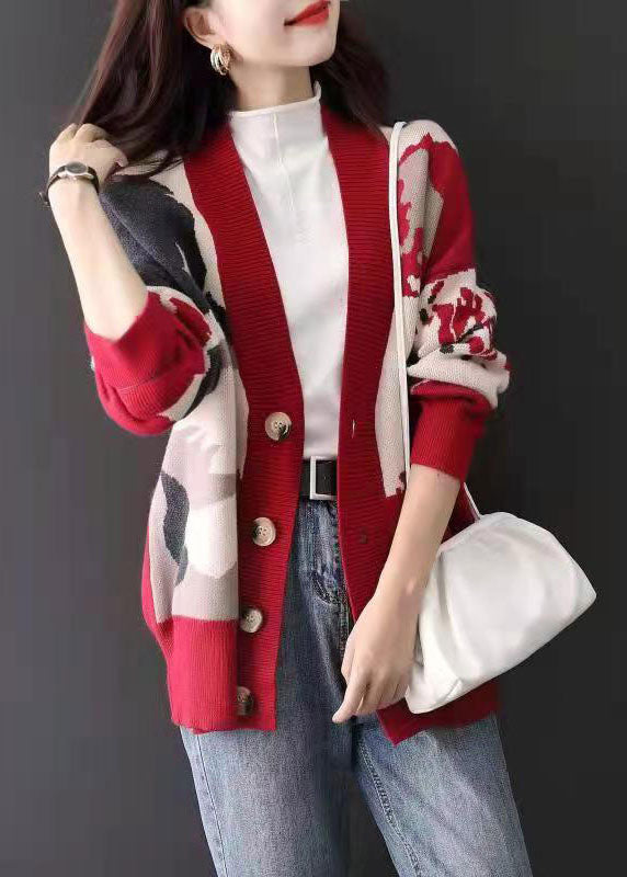 Red V Neck Jacquard Cozy Cashmere Cardigan Spring