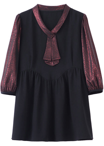 Dull Red Heart Neck Patchwork Fake Two Piece Shirt Bracelet Sleeve