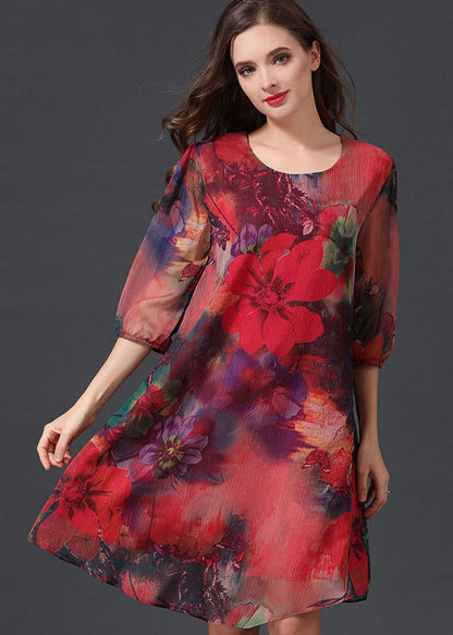 Red O Neck Print Patchwork Chiffon Mid Dress Summer