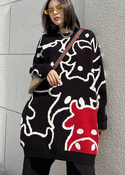 For Work Black Cartoon Flower Weaving Knit Blouse O Neck Knit Sweat Tops