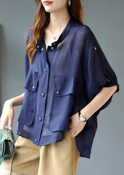 Blue Stand Collar Pockets Button Chiffon Upf 50+ Coats Lantern Sleeve