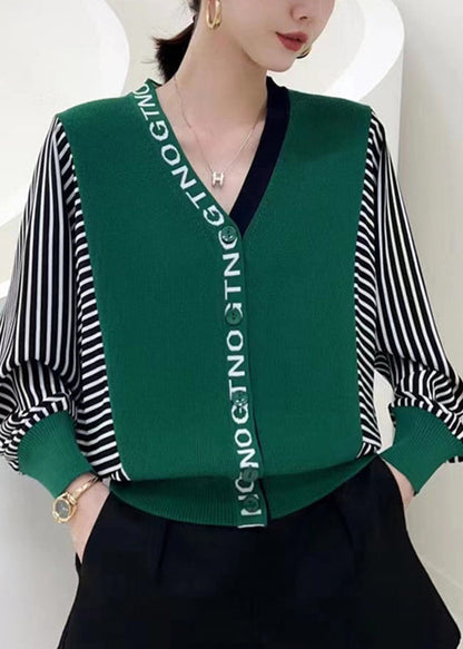 Yellow V Neck Striped Patchwork Button Knit Top Fall