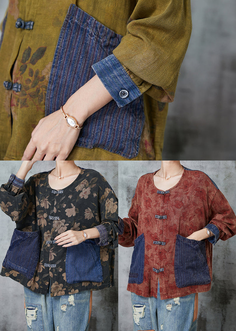 Black Print Patchwork Pockets Linen Blouses Spring