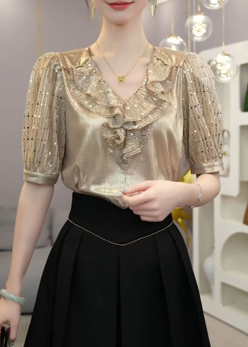 Champagne Ruffled Patchwork Silk Top Short Sleeve