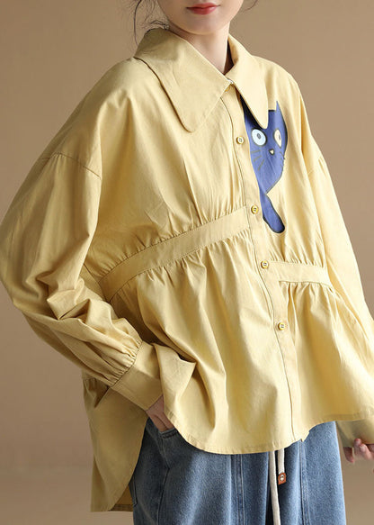 Diy Yellow Peter Pan Collar Asymmetrical Wrinkled Cat Applique Cotton Shirt Long Sleeve