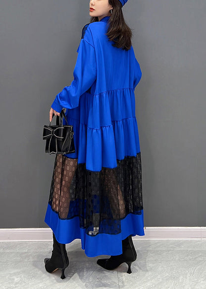 Vogue Blue O-neck Dot Patchwork Wrinkled Tulle Maxi Dresses Spring
