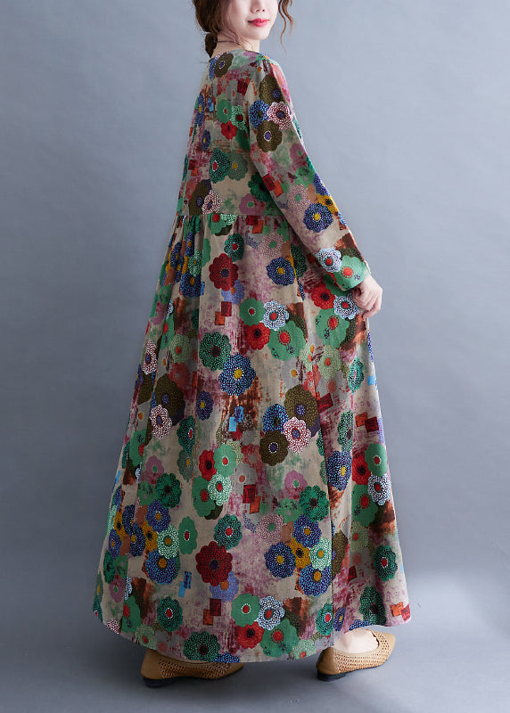 O-neck Print Wrinkled Extra Large Hem Long Dress Spring