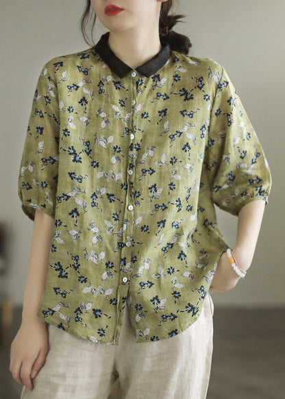 Colour 1 Peter Pan Collar Print Button Linen Shirt Half Sleeve