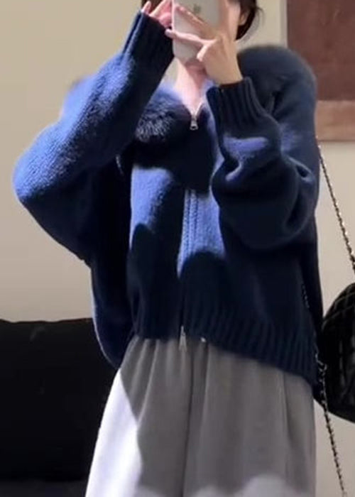 New Blue Hooded Fur Collar Zippered Knit Coats Spring